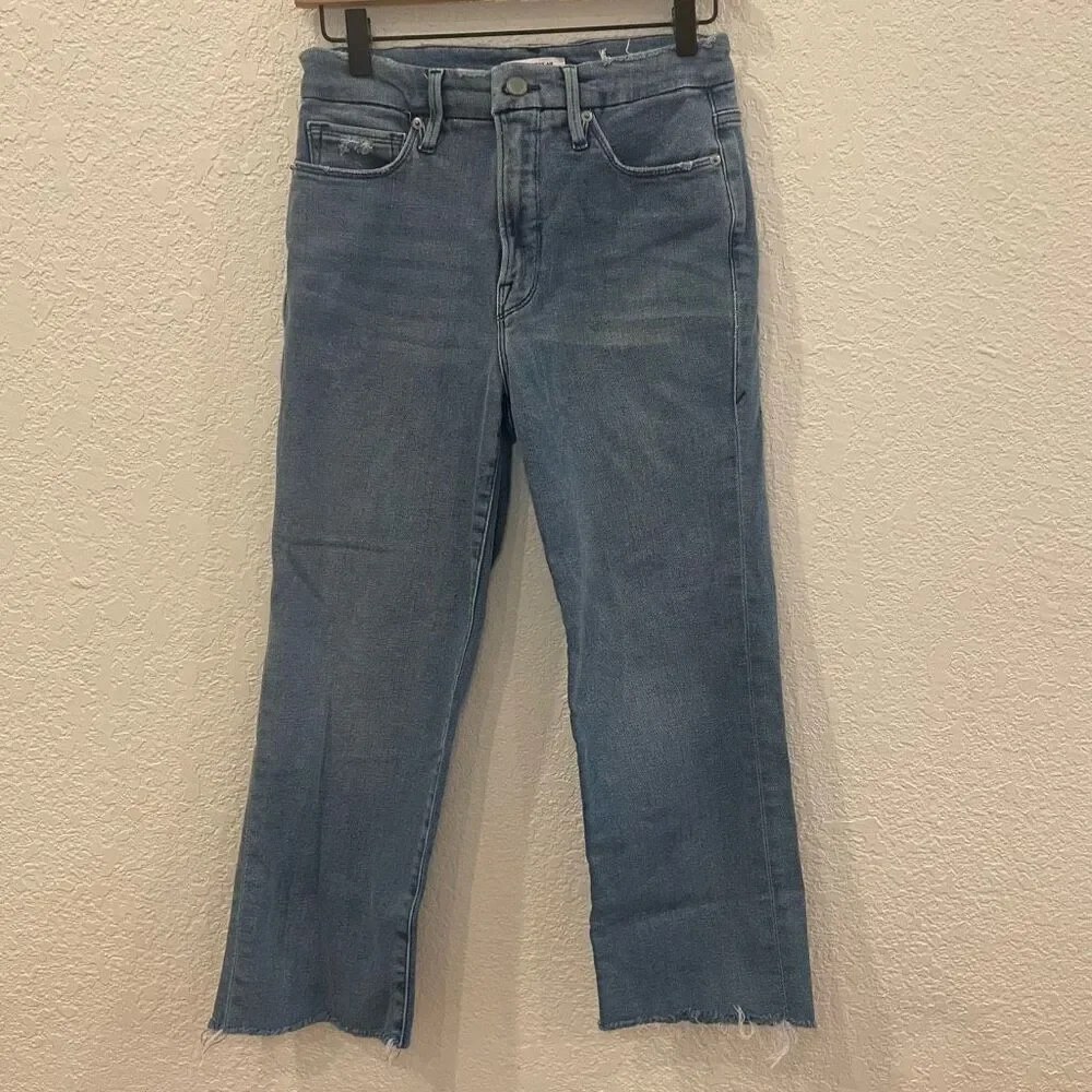 Good American Good Straight Cropped Raw Hem Light Wash Jeans Size‎ 6/28